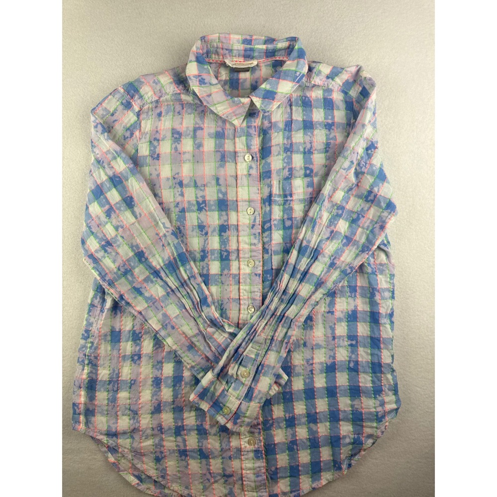 Pilcro Anthropologie Plaid Acid Wash Button Down Shirt Neon Stitching Medium